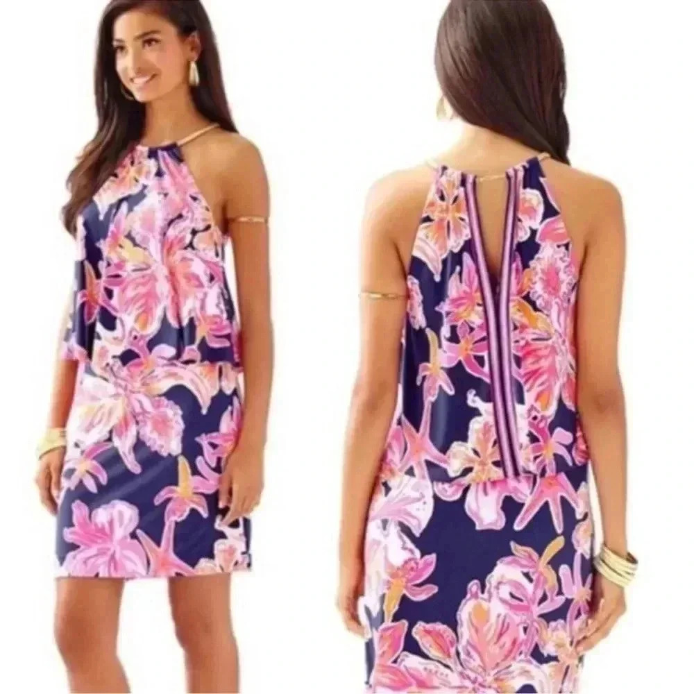 Lilly Pulitzer Floral Lucia Halter Dress in‎ Bright Navy Women Size S
